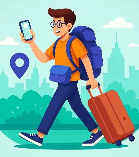 Turista de viaje con mochila y maleta, consejos de viaje